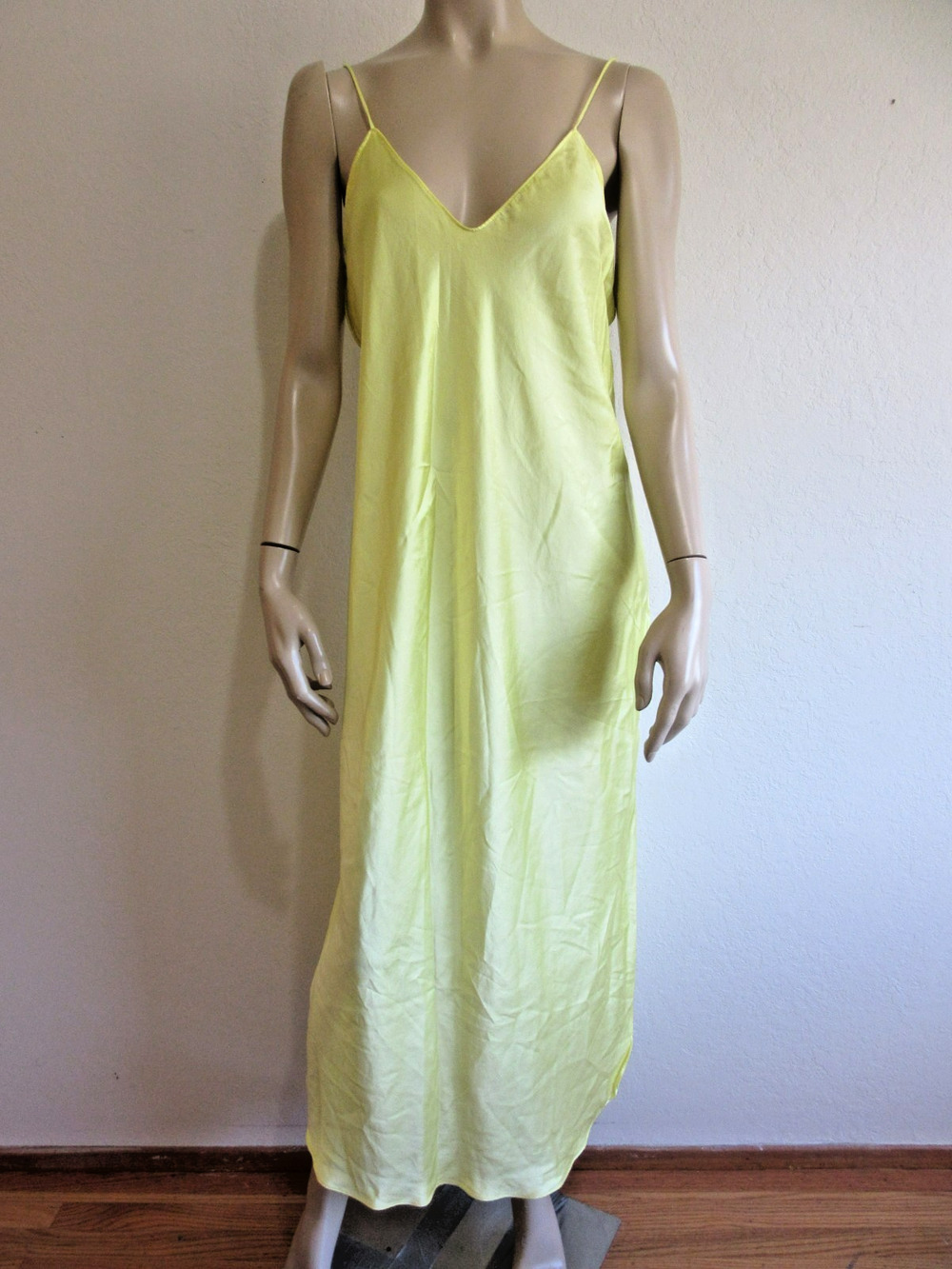 BANANA REPUBLIC Yellow 100% Silk L Slip Satin Midi Nightgown Loungewear-CA